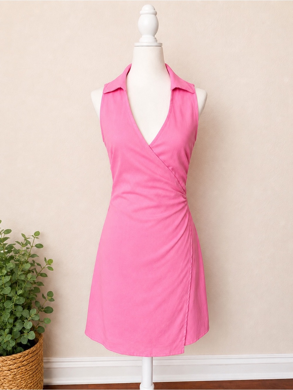 Le Lis Pink Linen Blend Wrap Mini Dress Sleeveless Collared V-Neck Size S